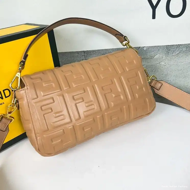 Cheap HOT Medium Bag Nappa Brown Leather Motif Baguette FF Fendi In 0327